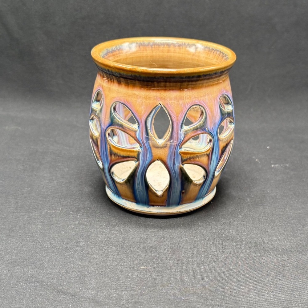 Studio Pottery Signed Drip Glaze Cutout Stoneware Candle Holder Lantern - Picture 3 of 7